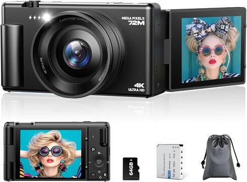 4K Digital Camera with Flip Screen, CCD Camera for Students, Compact Travel Cameras for Photography, 18X Digital Zoom Vlogging Cameras for YouTube, Ideal for Bignners Boys Girls Kids in Kuwait