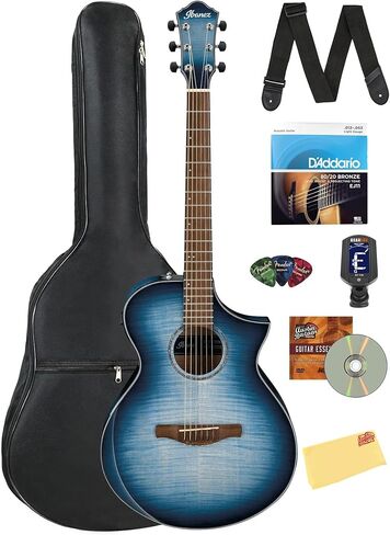 Ibanez AEWC32FM AEWC Acoustic-Electric Guitar - Indigo Sunset Fade High Gloss Bundle with Case, Tuner, Strap, D'Addario Strings, Picks, Austin Bazaar Instructional Video, and Polishing Cloth in Saudi Arabia