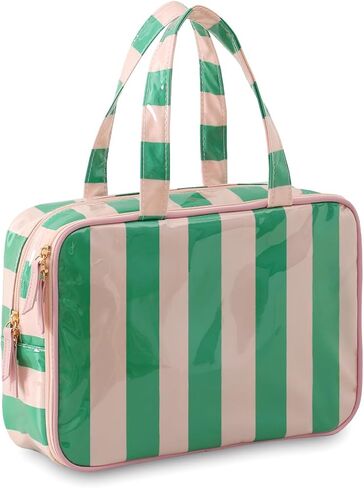 حقيبة أدوات الزينة للسفر للنساء، حقيبة مستحضرات تجميل مخططة مقاومة للماء ومحمولة ومحمولة مع حجرة، منظم سفر للشامبو والبلسم ومجموعة الفرش وإكسسوارات مستحضرات التجميل (وردي-أخضر) in Kuwait