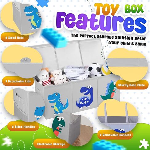 Extra Large Toys Box Toys Storage Organizer for Kids – 40"x13"x16" Collapsible Dinosaur Toy Box with 3 Lids Dividers and Side Mesh Pockets for Playroom Toy Storage in Saudi Arabia