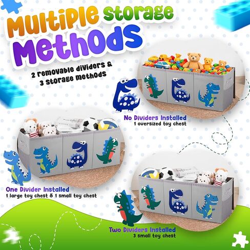 Extra Large Toys Box Toys Storage Organizer for Kids – 40"x13"x16" Collapsible Dinosaur Toy Box with 3 Lids Dividers and Side Mesh Pockets for Playroom Toy Storage in Saudi Arabia