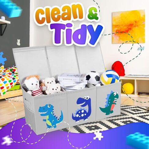 Extra Large Toys Box Toys Storage Organizer for Kids – 40"x13"x16" Collapsible Dinosaur Toy Box with 3 Lids Dividers and Side Mesh Pockets for Playroom Toy Storage in Saudi Arabia