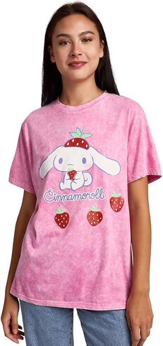 Bioworld Cinnamoroll Strawberries Women's Pink Mineral Wash Crew Neck Short Sleeve T-Shirt in Saudi Arabia