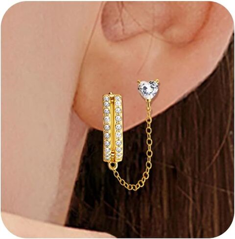Sterling Silver Double Piercing Hoop earrings for Women Hypoallergenic Heart-Shaped Cubic Zirconia Chain Stud Earrings for Wife Sister in Kuwait