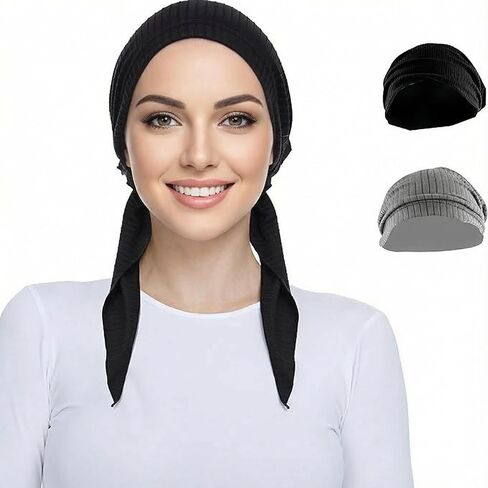 أغطية رأس ريبيكا ويل بيينج للنساء، أغطية رأس للنساء، غطاء شعر أسود، وشاح رأس مرن مربوط مسبقًا للنساء in Kuwait