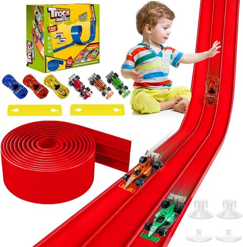 مسار سباق مرن لرجال بداية الأطفال - 20 قدم سباق RACK CAR RAMP مع 4 سيارات السباق وكؤوس الشفط | تدور حلبة حلبة DIY المحمولة متوافقة مع العجلات الساخنة والسيارات Diecast 1/64 للأعمار 3+ in Kuwait