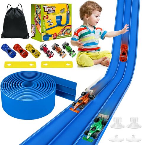 مسار سباق مرن لرجال بداية الأطفال - 20 قدم سباق RACK CAR RAMP مع 4 سيارات السباق وكؤوس الشفط | تدور حلبة حلبة DIY المحمولة متوافقة مع العجلات الساخنة والسيارات Diecast 1/64 للأعمار 3+ in Kuwait