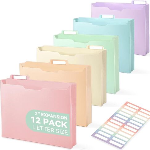 Plastic Expanding File Jackets, 12 Pack, 2" Expansion File Folder, 1/3 Cut Tabs with Colorful Labels, Letter Size - Black in Saudi Arabia