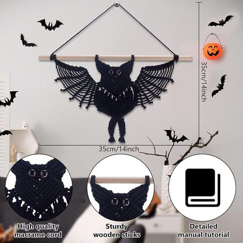 INFUNLY 2 مجموعة DIY مجموعة الخفافيش الهالوين للمبتدئين القوطية الخفافيش Macrame الجدار شنقا الخفافيش السوداء شنقا حلية عدة عيد الهالوين بوهو نسيج الجدار مع تعليمات DIY الحرف اليدوية للحزب لوازم الفن ديكور in Saudi Arabia