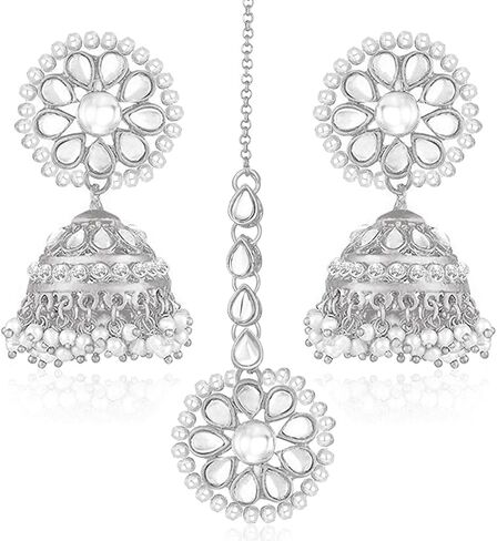 Aheli Kundan Pearl Jhumki Earrings with Maang Tikka Indian Traditional Bollywood Fashion Jewelry Set Gift for Women in Saudi Arabia