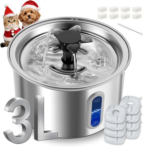 3L/101oz من الفولاذ المقاوم للصدأ من الفولاذ المقاوم للصدأ نافورة للاستخدام الداخلي - نافذة LED تلقائية هادئة ، خالية من BPA للقطط/الكلاب الصغيرة (الفضة+2 مرشحات+2 إسفنجية ، كبيرة) in Saudi Arabia