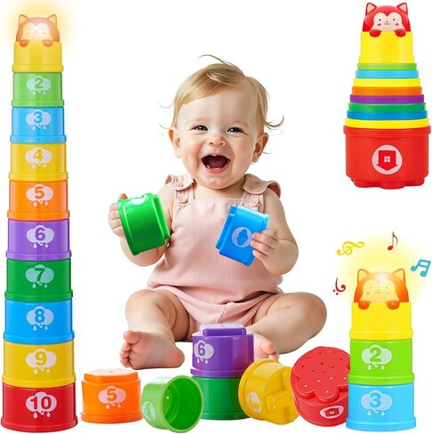 Baby Stacking Cups, Sorting Stacking Toys for Toddlers 1-3 Nesting Stackable Block with Number Montessori Toys for 1 Year Old Educational Sand Bath Birthday Gift for 6 9 12 18 Month Boy Girl in Kuwait