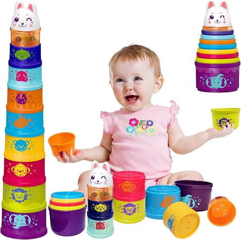 Baby Stacking Cups, Sorting Stacking Toys for Toddlers 1-3 Nesting Stackable Block with Number Montessori Toys for 1 Year Old Educational Sand Bath Birthday Gift for 6 9 12 18 Month Boy Girl in Kuwait
