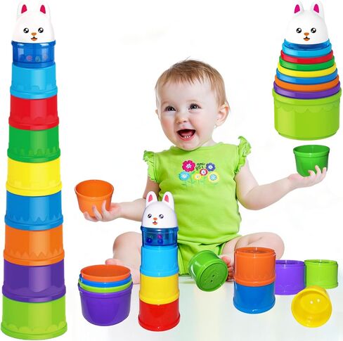 Baby Stacking Cups, Sorting Stacking Toys for Toddlers 1-3 Nesting Stackable Block with Number Montessori Toys for 1 Year Old Educational Sand Bath Birthday Gift for 6 9 12 18 Month Boy Girl in Kuwait