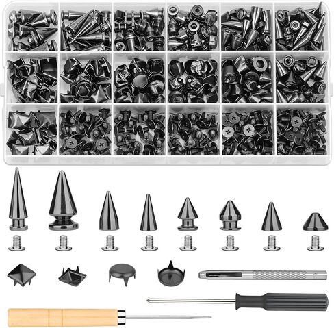 Jollidecor 455 PCS Punk Bunk Studs للملابس ، ومسامير معدنية 10 أحجام وترصيع من المسامير الجلدية للحرف اليدوية ، ومربعة الأزرار جولة القبة مسامير ديي بانك على غرار البانك لأحزمة أحذية الكلب in Kuwait