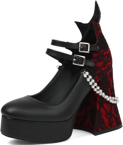 KOKOMOMO Womens Lace Flower Heels Goth Platform Shoes Chunky High Heel Mary Jane Heels Gothic Heels,Size 7 Black in Saudi Arabia