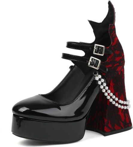 KOKOMOMO Womens Lace Flower Heels Goth Platform Shoes Chunky High Heel Mary Jane Heels Gothic Heels,Size 7 Black in Saudi Arabia