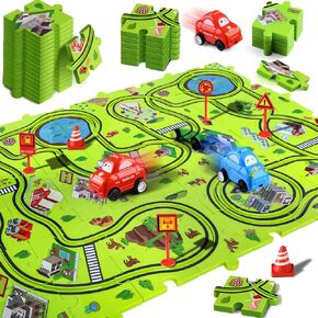 64 PCS Puzzle Race Track Set: Toddlers Kids Boys Girls Toys & Gifts for 3 4 5 6 egens jeel | اللغز يتبع ألعاب السيارة | مع 3 سيارات صغيرة لعبة وحواجز الطرق | اللعب وتعلم toy | طفل للأعمار 3-5 4-6 in Kuwait