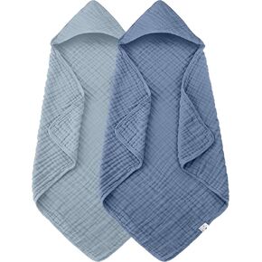 عبوتان من مناشف الأطفال بغطاء للرأس - 100% قطن الموسلين لحديثي الولادة والرضع والأطفال الصغار - مقاس كبير 81.28 × 81.28 سم - عالية الامتصاص وضرورية للعناية بحديثي الولادة، باللونين الأخضر والرمادي in Kuwait