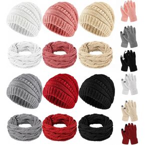 24 قطعة النساء الشتاء قبعات صغيرة محبوكة حلقة وشاح قفازات شاشة لمس وغطاء للأذنين مجموعة دافئة للطقس البارد التنزه التزلج in Kuwait