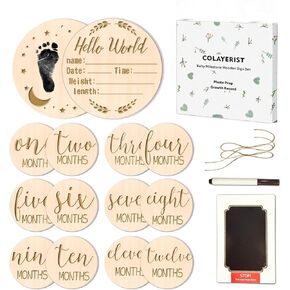 12 قطعة من لافتة إعلان الطفل ومجموعة معالم الطفل الشهرية، خشبية للأطفال شهريًا، نص كلاسيكي مخطوط، لافتة Hello World لحديثي الولادة مع وسادة حبر لدعائم صور الأطفال in Kuwait