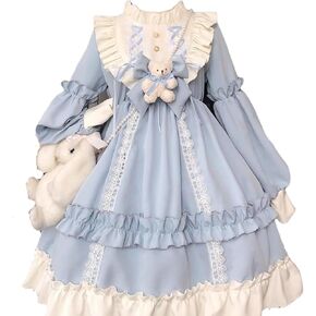 Girls Lolita Princess Dress Kawaii Long Sleeve Chiffon Skirt Cute Girl Dress Sky Blue in Saudi Arabia