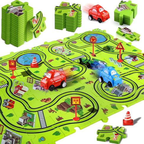 64 PCS Puzzle Race Track Set: Toddlers Kids Boys Girls Toys & Gifts for 3 4 5 6 egens jeel | اللغز يتبع ألعاب السيارة | مع 3 سيارات صغيرة لعبة وحواجز الطرق | اللعب وتعلم toy | طفل للأعمار 3-5 4-6 in Kuwait