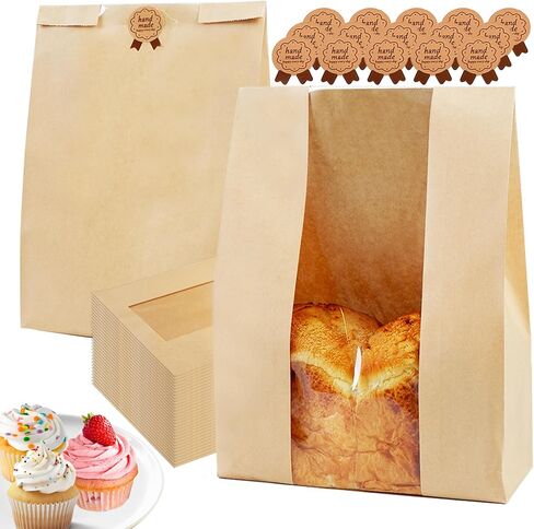 100 Pack Large 14x8.3x3.5in Bread Bags for Homemade Bread, Kraft Paper Bakery Bags with Clear Window & Tin Tie Lock, Thicker Cookie & Snack Storage Bags, Includes 100 Sealing Stickers in Saudi Arabia