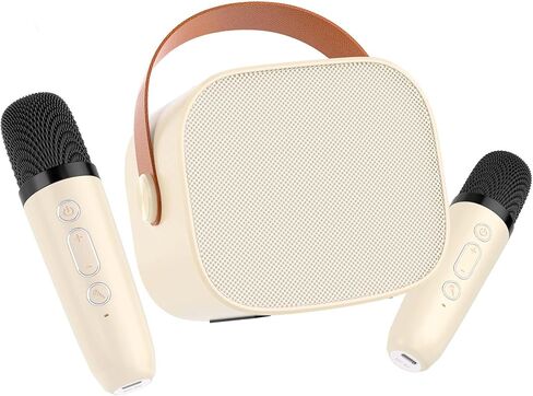 Mini Karaoke Machine for Kids, 2 Wireless Microphones & 4 Magic Voices, LED Portable Design for Indoor Outdoor Party Singing Fun, Enhanced Musical Experience for Children Gift Ideas- Beige in Saudi Arabia