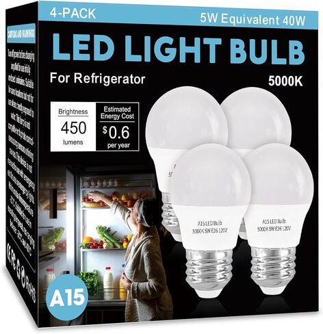 مصباح ثلاجة LED المصباح 2 حزمة ， ضوء النهار الأبيض 5000K 120 فولت 40W لمبة الأجهزة المكافئة ， A15 5W E26 قاعدة الثلاجة المائية للماء للإضاءة المنزل الفريزر ، لمبة كهربائية صغيرة ، غير قابلة للضغط in Kuwait