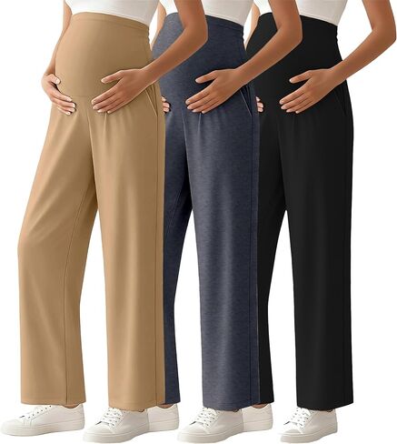 Ecavus 3-Pack Women's Maternity Pants Over Belly Soft Lounge Palazzo Pants Stretch Wide Leg Pregnancy Trousers with Pockets in Saudi Arabia