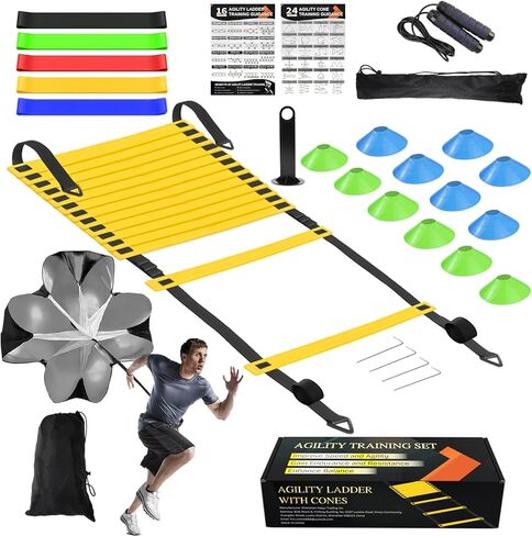 Speed Agility Training Equipment Set, Agility Ladder 20ft, 12 Football Cones, Resistance Parachute/Soccer Kick Trainer, Jump Rope, 5 Resistance Bands, Football Practice Equipment for Kids Adults in Saudi Arabia