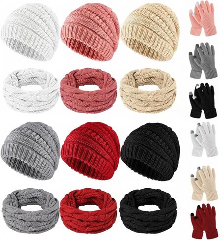 24 قطعة النساء الشتاء قبعات صغيرة محبوكة حلقة وشاح قفازات شاشة لمس وغطاء للأذنين مجموعة دافئة للطقس البارد التنزه التزلج in Kuwait