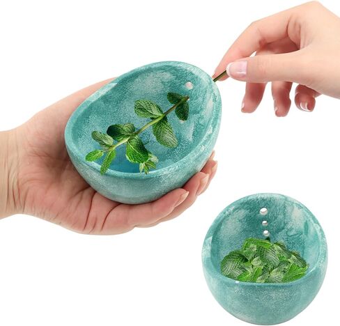 Pottery Herb Stripper Bowl, Handmade Ceramic Herb Peeling Cup with Different Hole Sizes for Separating Leaves and Stems(Color:Green) in Saudi Arabia