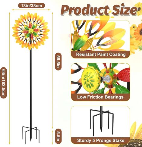 Metal Sunflower Wind Spinner Outdoor, Garden Windmill Pinwheels Kinetic Wind Sculpture for Backyard Patio Lawn Art Decor (B-Yellow) in Saudi Arabia
