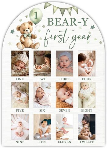 My First Year Photo Board, Bear-Y First Year Baby Milestone Signs for Boys Girls Nursery Decor, 12 Month Wooden Pictures Board for 2x3 Photos, Best Babies Keepsake Gifts-A04 in Kuwait