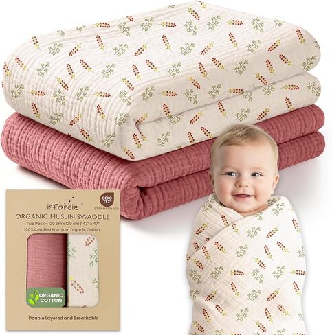 OEKO TEX 100% Organic Cotton 2 PK Muslin Baby Blanket Unisex 47x47 Inch | Oeko-TEX Certified, Swaddling Blanket, Baby Girl Blankets, Swaddle Blankets, Rust/Ivory, Unisex Design, Breathable weave in Saudi Arabia
