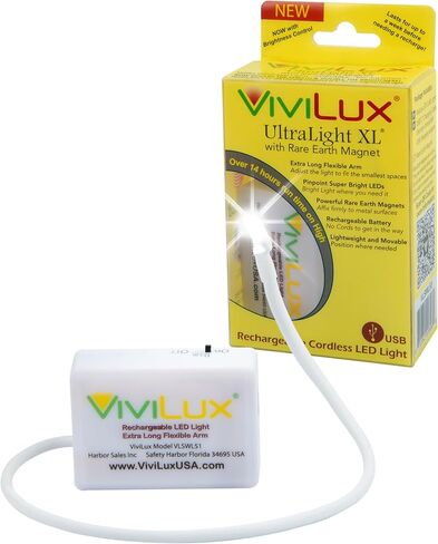 Vivilux Ultralight XL إضافي LED LED LED LID طويل ، إضاءة محمولة للبطارية القابلة لإعادة الشحن للحرف اليدوية ، الخياطة ، والقراءة ، يشمل شريط يدوي وتصاعد in Kuwait