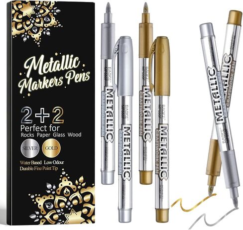 12 Pack Metallic Markers Pens, Water Based Silver & Gold Paint Pens, Gold & Silver Ink Pen with Durable Fine Point Tip for Black Paper, Rock Painting, Halloween Card Making, Multi Surface Art Crafts in Saudi Arabia
