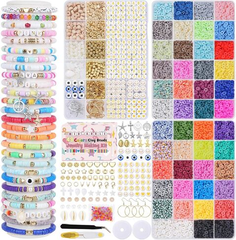 سوار صنع مجموعة 7500 PCS Clay حبات 24 ألوان حبات الطين البوليمر لسباق الصداقة صناعة المجوهرات مع حزمة الهدايا للبالغين in Kuwait