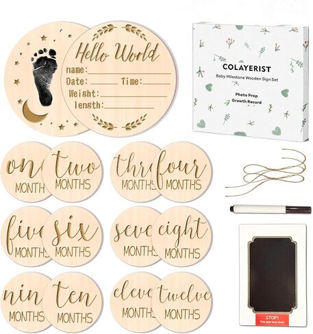 12 قطعة من لافتة إعلان الطفل ومجموعة معالم الطفل الشهرية، خشبية للأطفال شهريًا، نص كلاسيكي مخطوط، لافتة Hello World لحديثي الولادة مع وسادة حبر لدعائم صور الأطفال in Kuwait