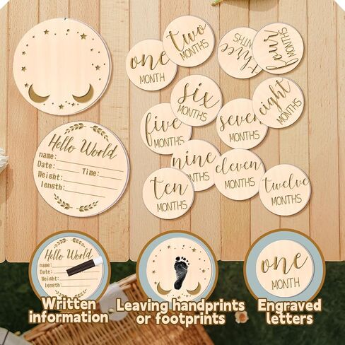 12 قطعة من لافتة إعلان الطفل ومجموعة معالم الطفل الشهرية، خشبية للأطفال شهريًا، نص كلاسيكي مخطوط، لافتة Hello World لحديثي الولادة مع وسادة حبر لدعائم صور الأطفال in Kuwait