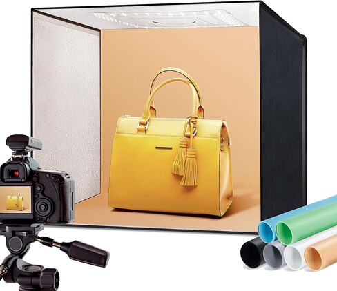 RALENO Light Box Photography، صندوق صور محمول مقاس 16 × 12 بوصة، مجموعة خيمة التصوير (CRI>95 | 112 LED | سطوع قابل للتعديل 24 وات | 6 خلفيات) للمنتج والساعات ومستحضرات التجميل in Kuwait