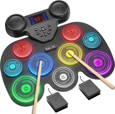Electronic Drum Set with 7 Colorful LED Light Patterns, Enhanced Rebound Feel Drum Kit Featuring Bluetooth MIDI, Dual Speakers and 9 Drum Pads, for Kids and Adult Beginners in Saudi Arabia