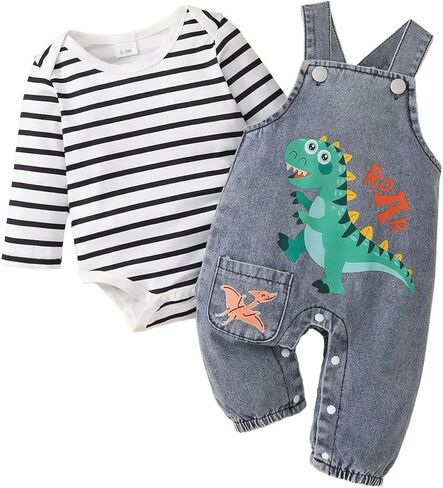 6-9 Month Boy Clothes Cute Baby Fall Winter Outfits Long Sleeve Romper Overalls Jeans Sets, Boys Blue Striped Romper 6-9 Months in Kuwait