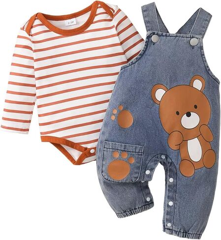 6-9 Month Boy Clothes Cute Baby Fall Winter Outfits Long Sleeve Romper Overalls Jeans Sets, Boys Blue Striped Romper 6-9 Months in Kuwait