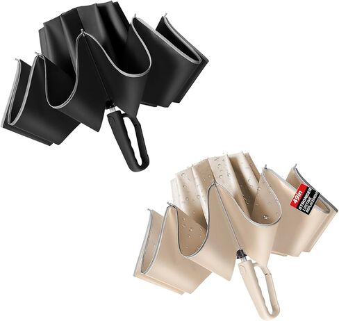 TOPSAIL 10 Ribs Inverted Umbrella with Carabiner Handle, Large Strong Windproof Umbrellas for Rain & Sun, 49" Portable Reverse Folding Compact Travel Umbrella with Safe Reflective Strip, for Women Men in Kuwait