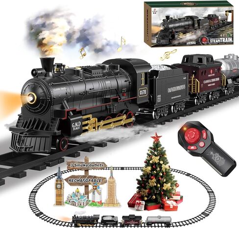 Electric Train Sets Remote Control for Kids Christmas Train Toys Steam Locomotive w/3 Smokes, Glowing Passenger Carriages, Luxury Tracks, Light & Sounds Rechargeable Birthday Gifts for Boys Girls in Saudi Arabia