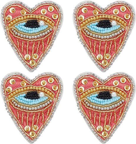 INFUNLY 4Styles Evil Eyes Heart Beaded Patches Rhinestone Applique Patches Evil Eyes Sequin Applique Sew on Love Patch with Pearls Handmade Crystal Heart Appliques for Clothes Jeans Jackets Bag Shoes in Saudi Arabia