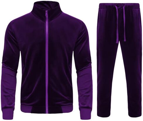 بدلة رياضية KISSQIQI للرجال طقم مكون من قطعتين من القطيفة بسحاب كامل بدلة رياضية مخملية بلون سادة in Kuwait